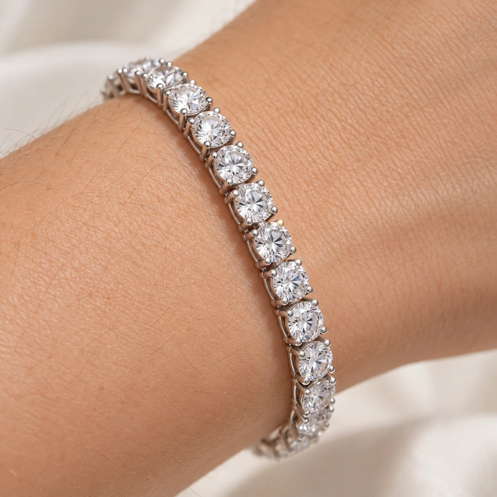 Close-up of the silver moissanite tennis bracelet on the wrist