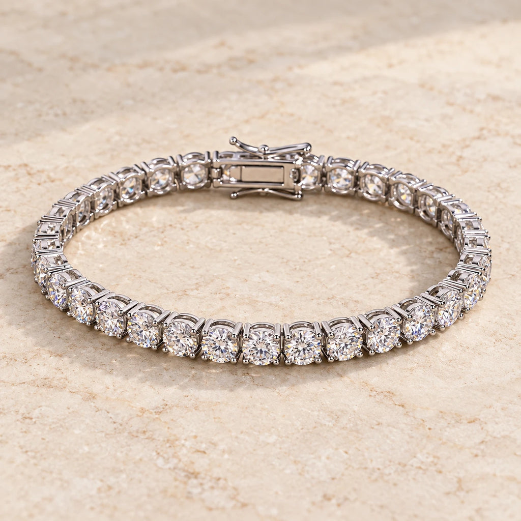Eclavine 5mm moissanite tennis bracelet in silver, laid flat on stone
